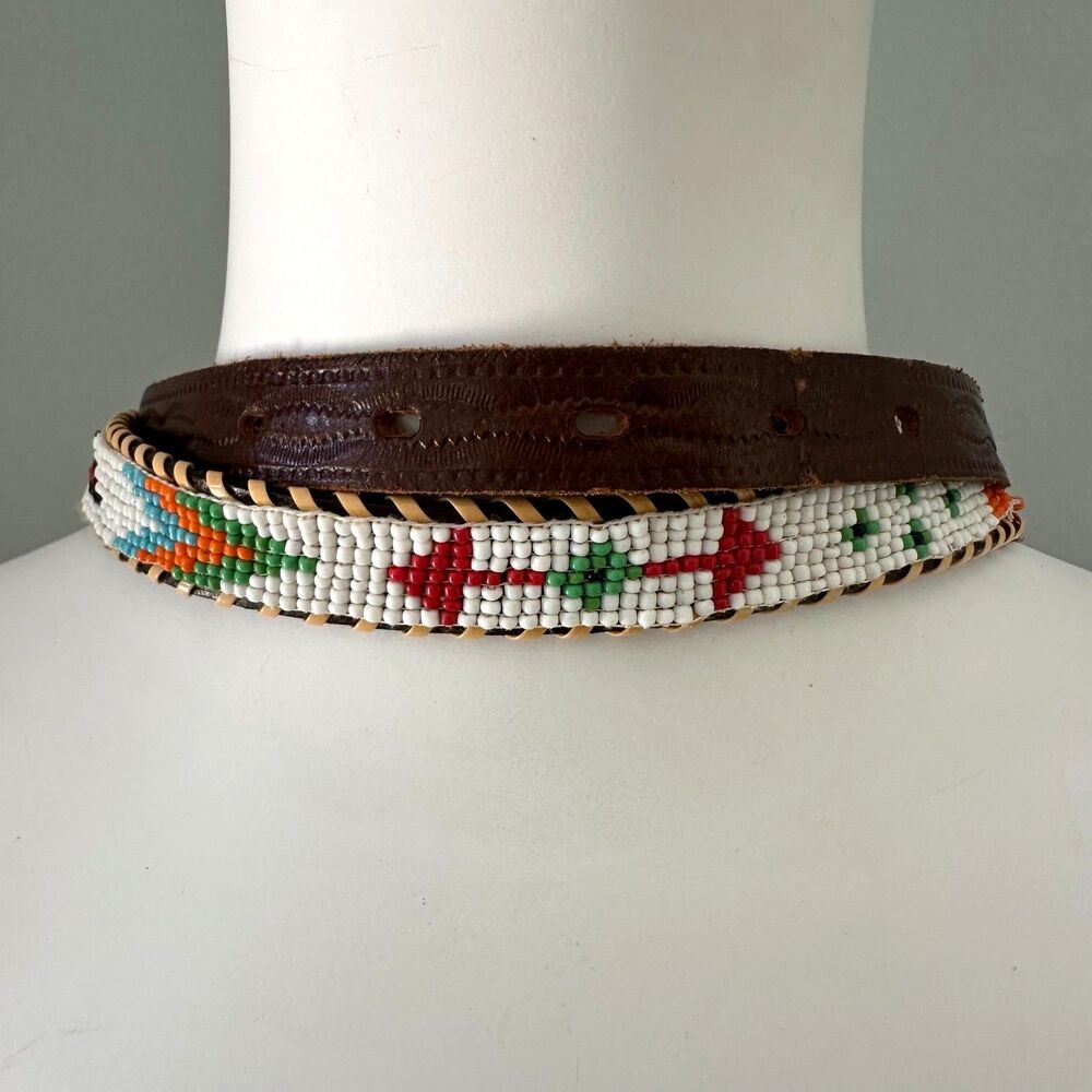 Vintage Beaded Western Belt Seed Bead Geometric Thunderbird Southwestern Boho - Picture 5 of 15